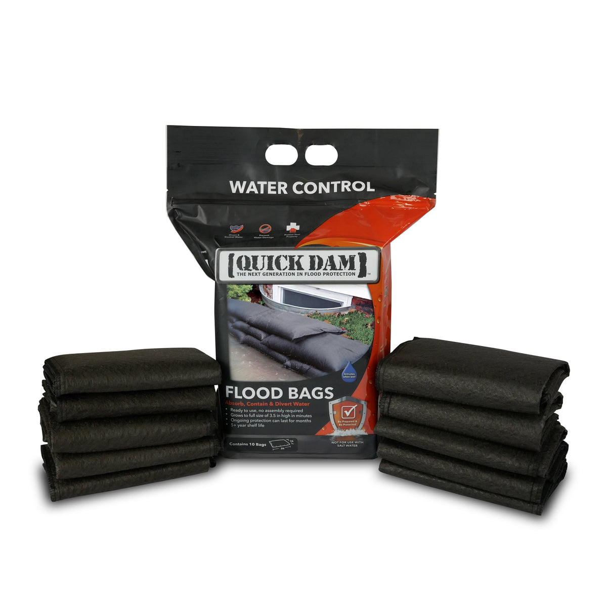 Quick Dam Flood Bags retail package displayed with dry un-activated bags surrounding it for a compact lightweight flood protection solution.