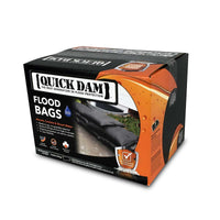 Quick Dam Flood Bags packaging box containing 20 water-activated sandless bags for reliable flood protection and easy storage.