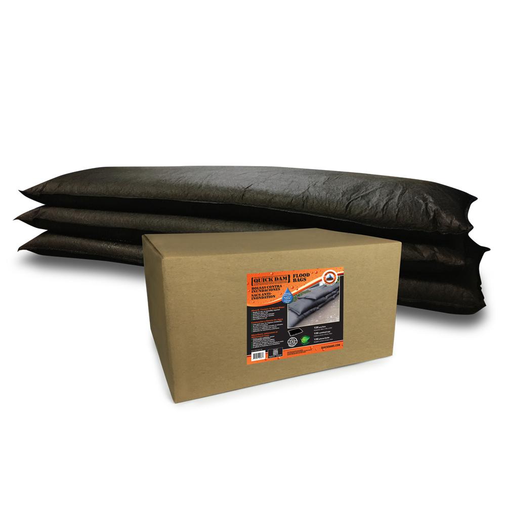 Quick Dam Flood Bags packaging box with 25 jumbo bags shown next to fully expanded water activated flood bags for reliable flood protection.
