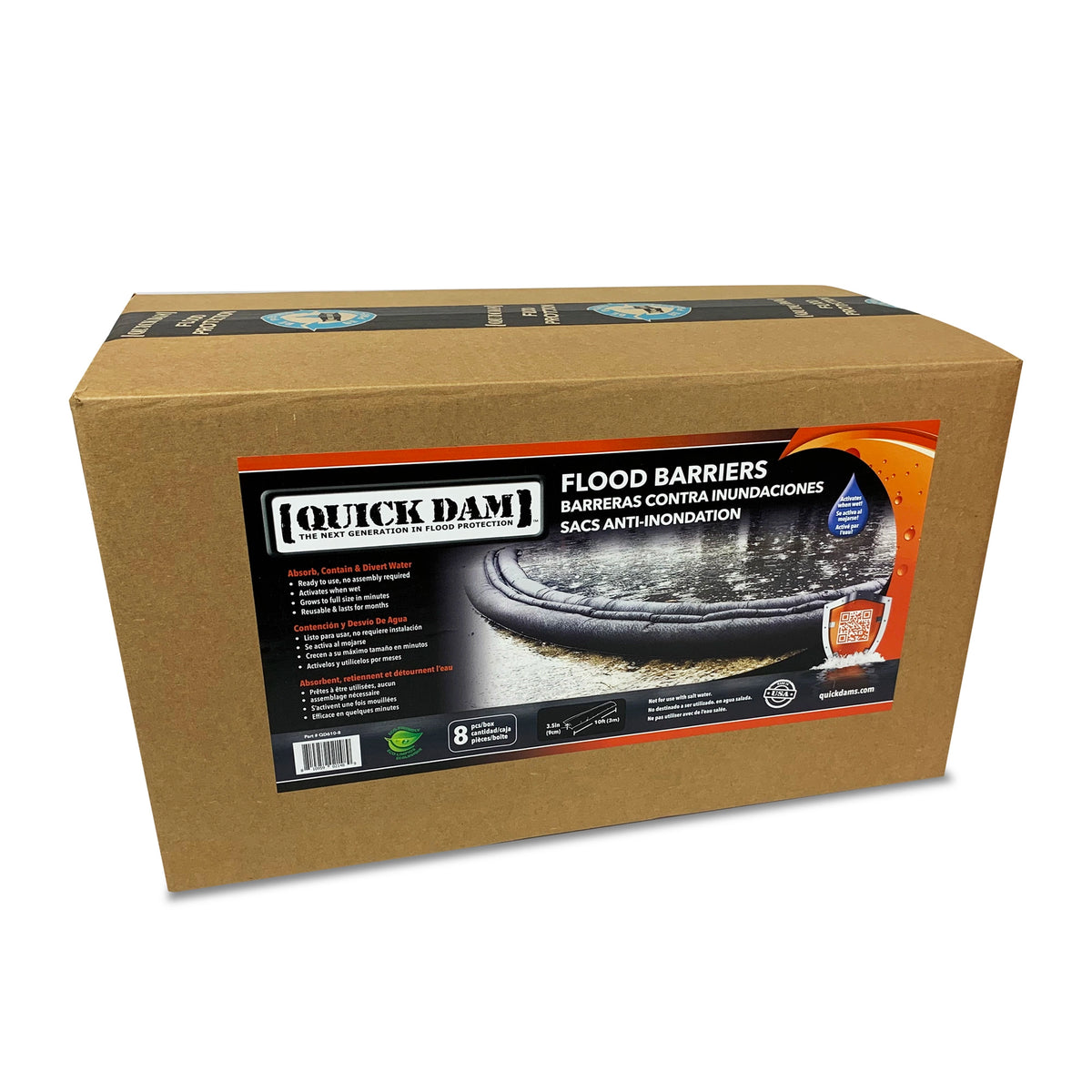 Quick Dam Flood Barriers bulk packaging box containing 8 water activated barriers absorbs contains and diverts water for flood protection.