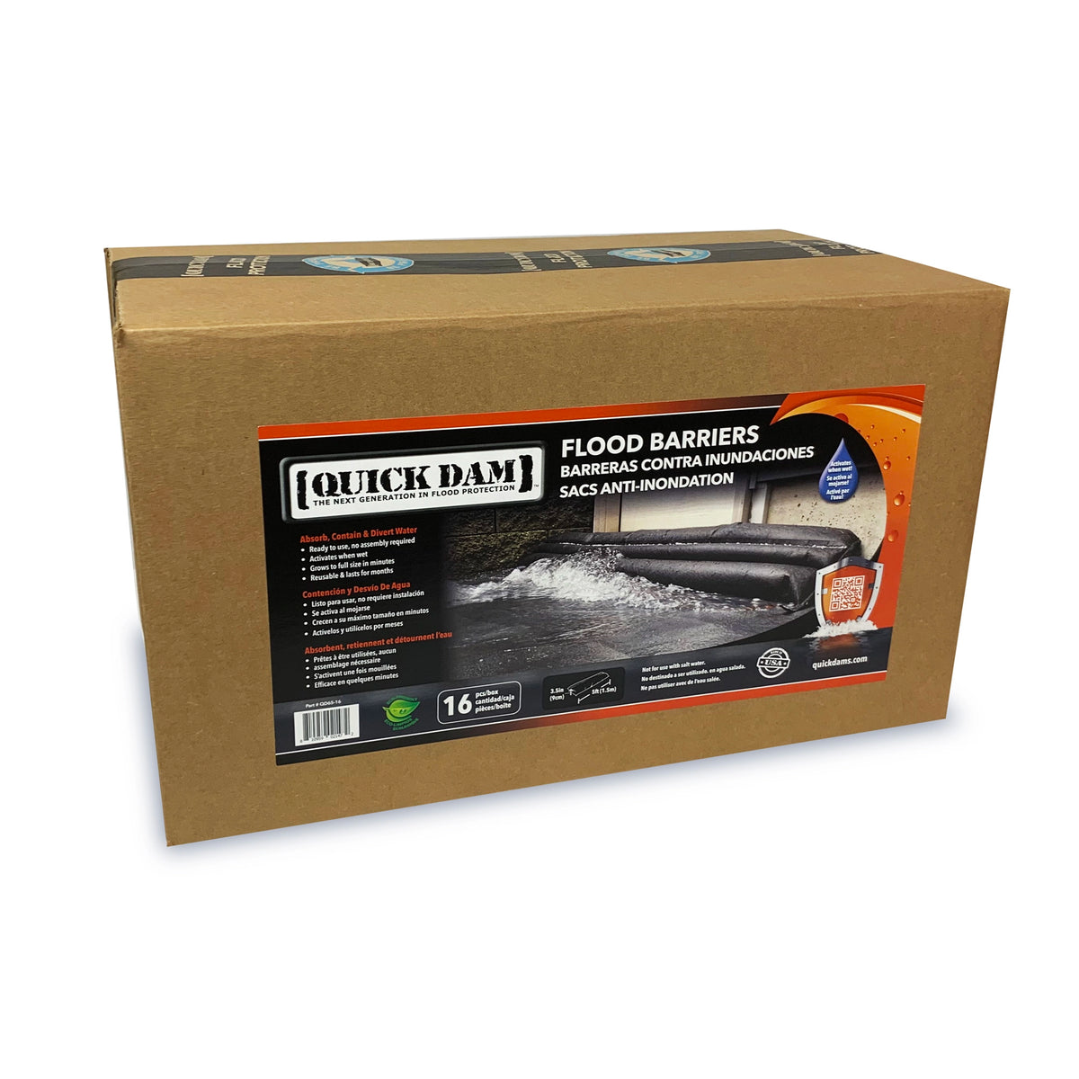 Quick Dam Flood Barriers bulk packaging box containing 16 water activated barriers absorbs contains and diverts water for flood protection.