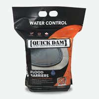 Quick Dam Flood Barriers 4 pack retail packaging labeled water control showing water activated barriers that absorb contain and divert water.