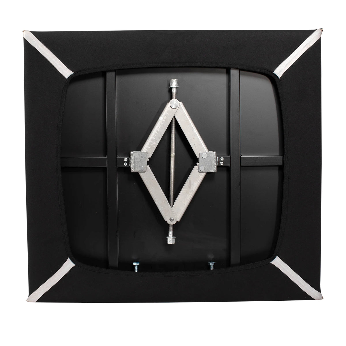 Back view of Quick Dam Flood Gate showing adjustable jack mechanism and steel frame for secure doorway flood protection.