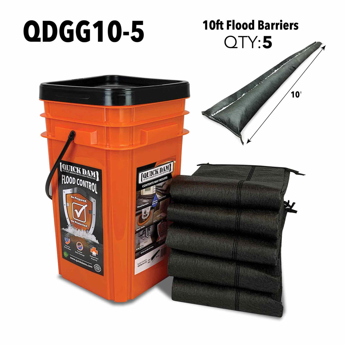 Quick Dam Outdoor Grab & Go Bucket Kit QDGG10-5 with five 10ft water-activated flood barriers for fast and effective flood protection.