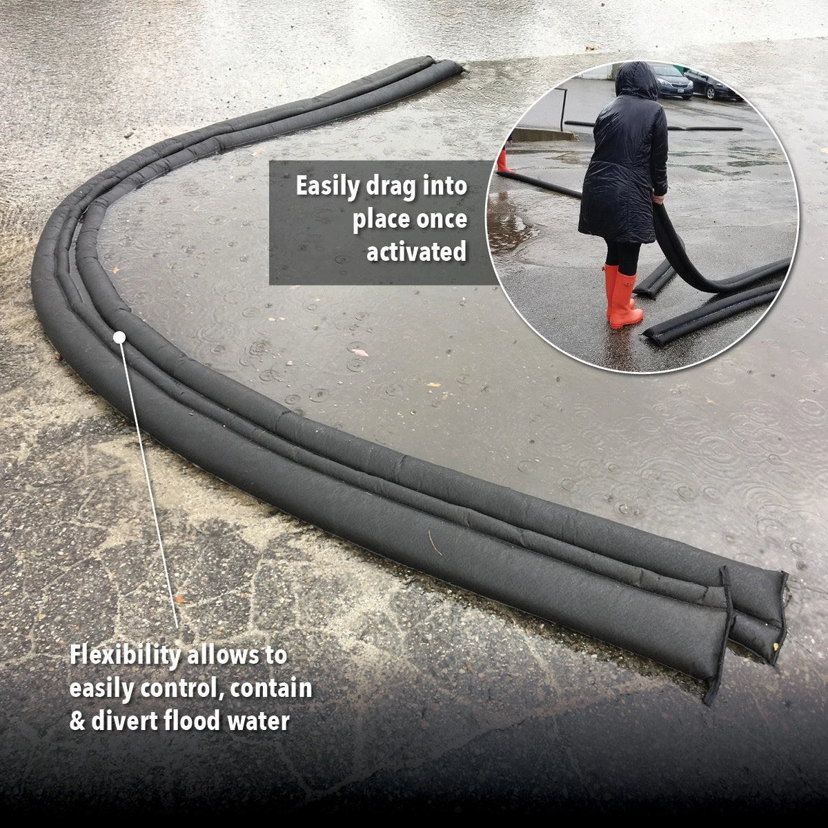 Quick Dam Flood Barriers shown diverting water on pavement, demonstrating flexibility to contain and control flooding, with person dragging barrier into place.