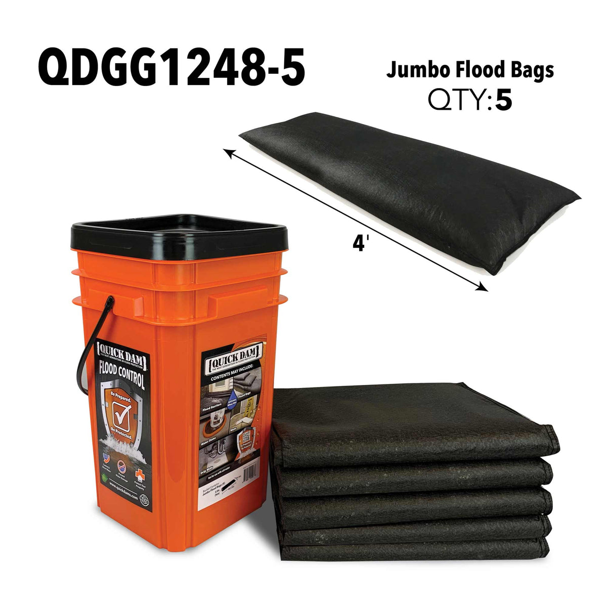 Quick Dam Outdoor Grab & Go Bucket Kit QDGG1248-5 with five 4ft jumbo water-activated flood bags for rapid flood protection and water damage prevention.