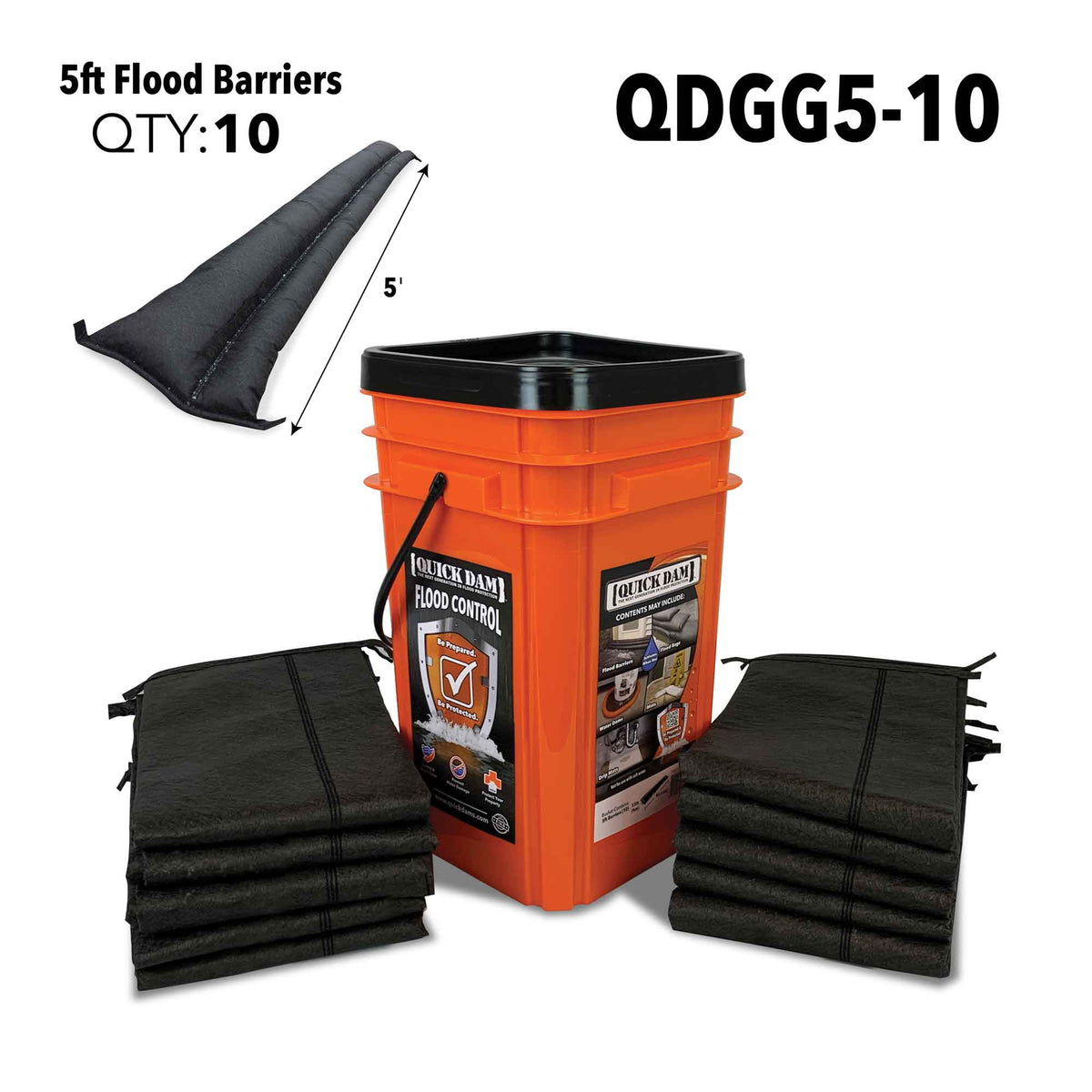 Quick Dam Outdoor Grab & Go Bucket Kit QDGG5-10 with ten 5ft water-activated flood barriers for fast flood control, property protection, and water damage prevention.