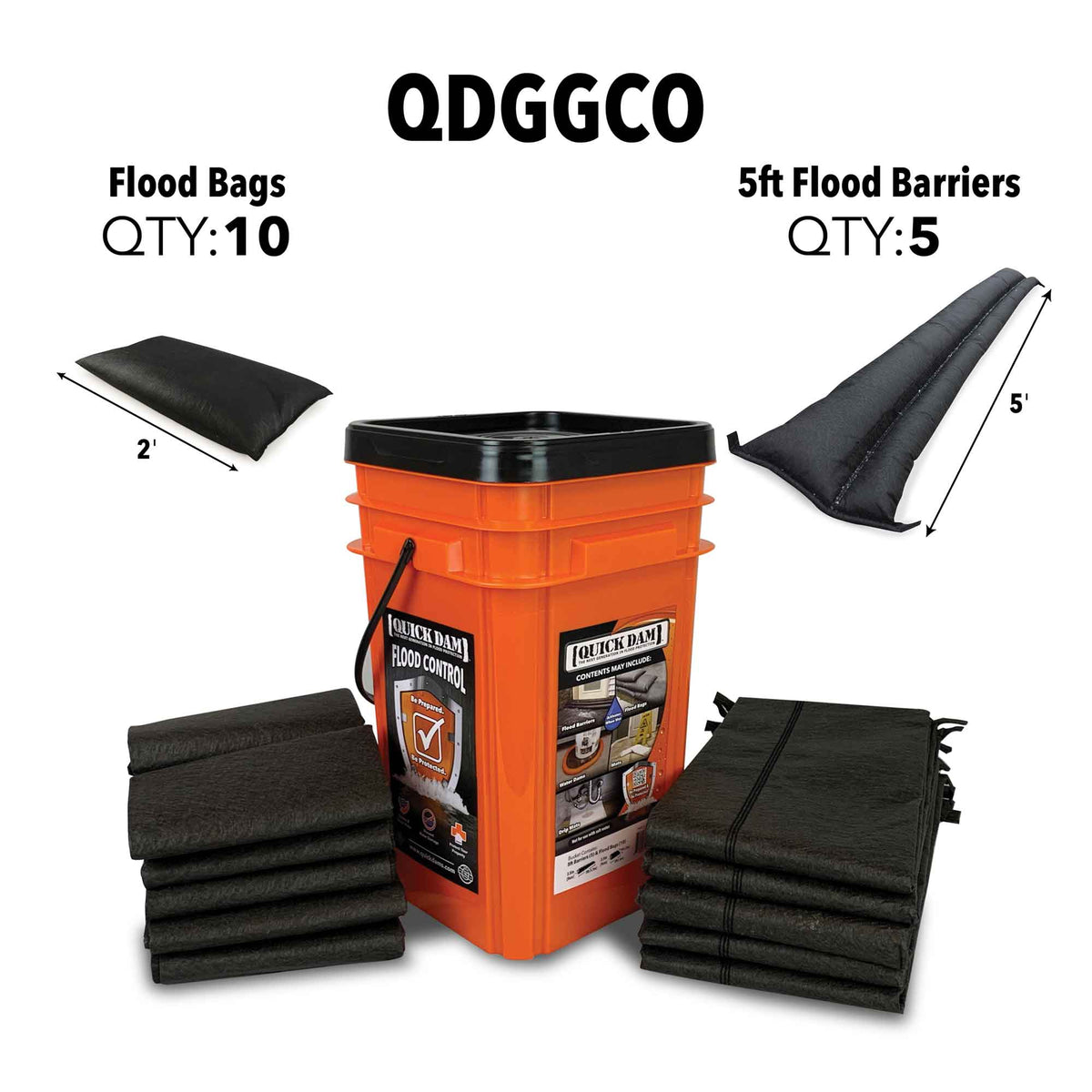 Quick Dam Outdoor Grab & Go Bucket Kit QDGGCO with 10 water-activated flood bags and five 5ft flood barriers for fast flood protection and water damage control.