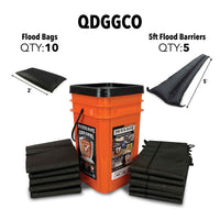 Quick Dam Outdoor Grab & Go Bucket Kit QDGGCO with 10 water-activated flood bags and five 5ft flood barriers for fast flood protection and water damage control.
