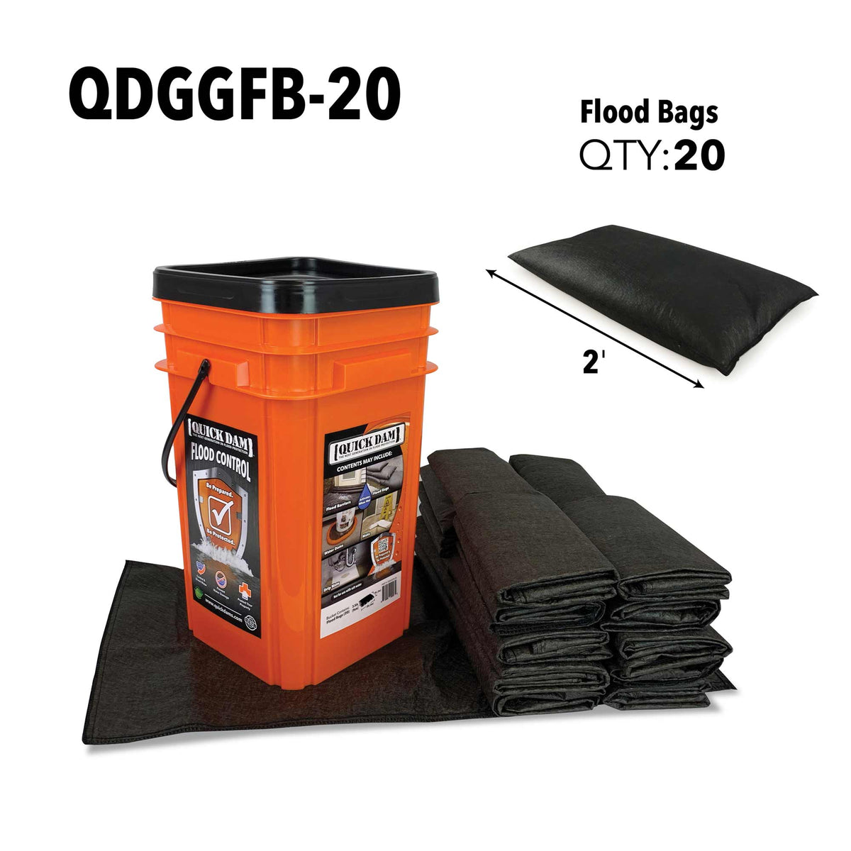 Quick Dam Outdoor Grab & Go Bucket Kit QDGGFB-20 with 20 water-activated flood bags for fast flood protection, storm preparedness, and water damage control.
