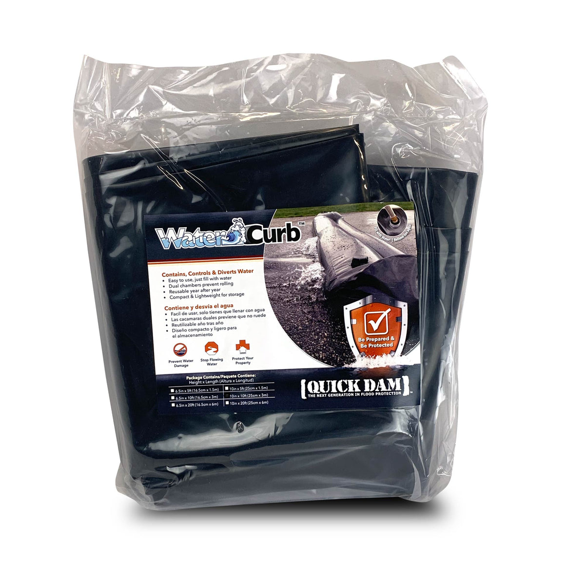 Quick Dam Water Curb flood barrier folded and sealed in clear plastic product packaging, featuring product label with instructions, features, and protection details.