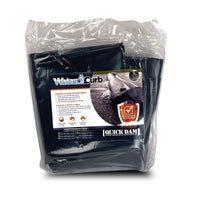 Quick Dam Water Curb flood barrier folded and sealed in clear plastic product packaging, featuring product label with instructions, features, and protection details.