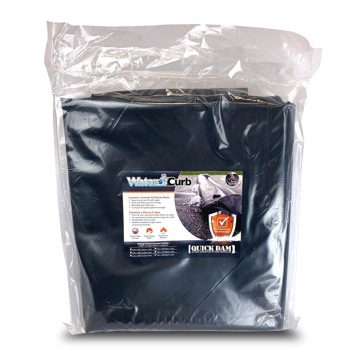 Quick Dam Water Curb flood barrier neatly folded and sealed in clear product packaging with product label showing features, instructions, and protection details.