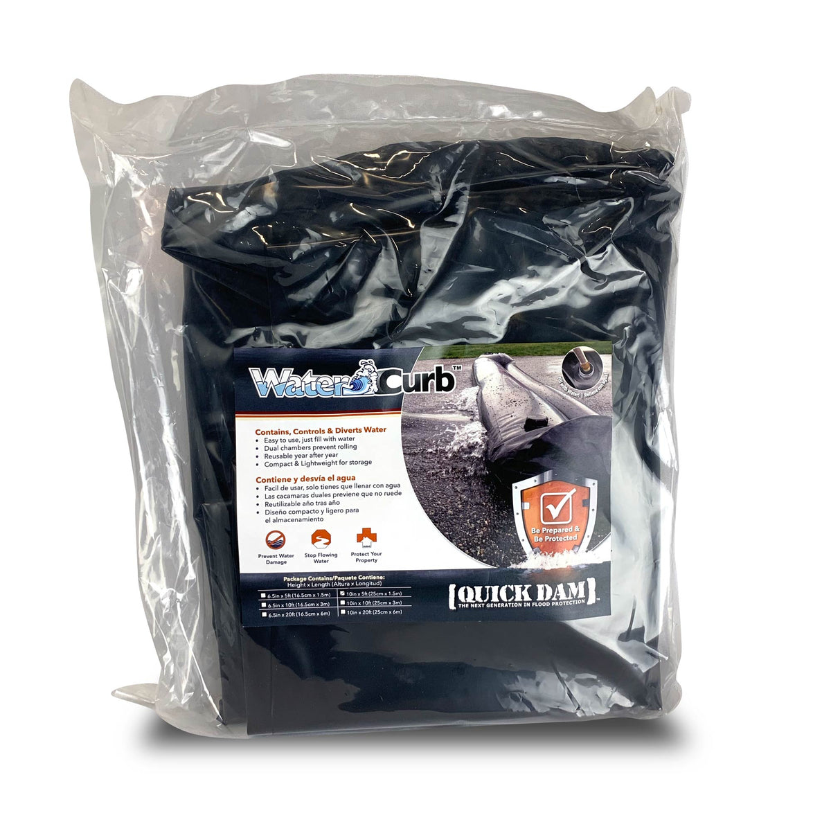 Quick Dam Water Curb flood barrier packaged in clear plastic product bag, displaying folded black barrier with product label highlighting easy water filling, dual chamber design, and reusable protection.