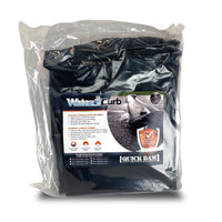 Quick Dam Water Curb flood barrier packaged in clear plastic product bag, displaying folded black barrier with product label highlighting easy water filling, dual chamber design, and reusable protection.