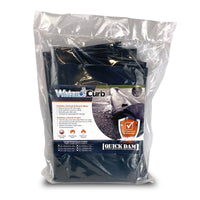 Quick Dam Water Curb flood barrier in clear product packaging, showing folded black barrier with label highlighting features such as dual chambers, reusable design, and ability to contain and divert water.