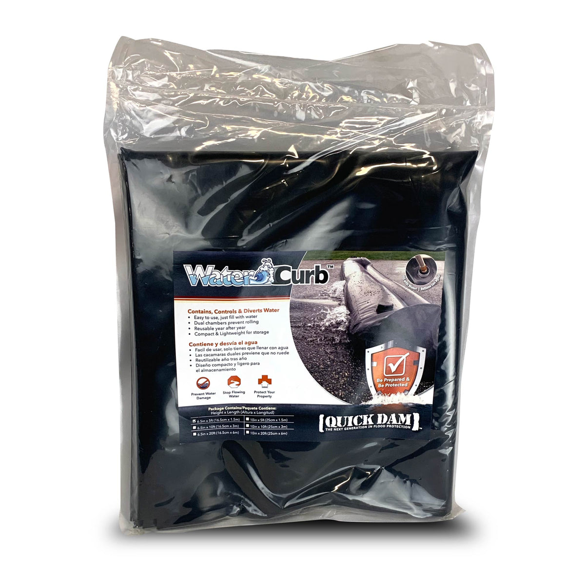 Quick Dam Water Curb in product packaging, showing folded black polyurethane flood barrier inside clear plastic bag with product label displaying usage for containing, controlling, and diverting water.