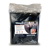 Quick Dam Water Curb in product packaging, showing folded black polyurethane flood barrier inside clear plastic bag with product label displaying usage for containing, controlling, and diverting water.