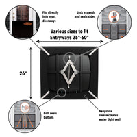 Diagram of Quick Dam Flood Gate showing adjustable steel frame, neoprene sleeve, and bolt system that seals entryways 25 to 60 inches wide for flood protection.
