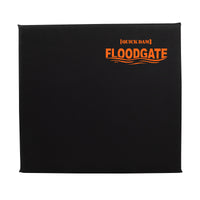 Quick Dam Flood Gate front view showing black neoprene sleeve and bright orange logo designed for doorway flood protection and water damage prevention.