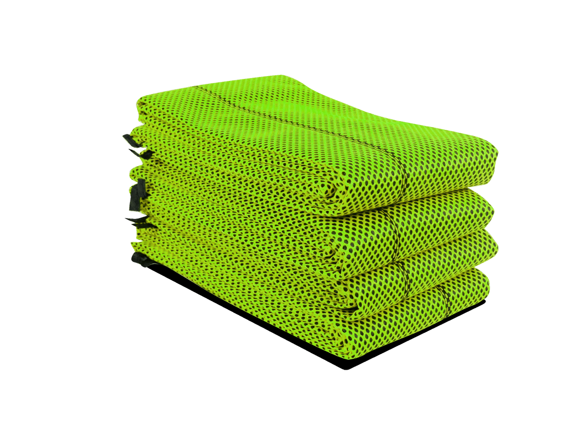 Stack of Quick Dam HI-Vis Flood Barriers with bright green mesh covers designed for high visibility and effective water control.