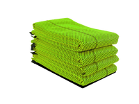 Stack of Quick Dam HI-Vis Flood Barriers with bright green mesh covers designed for high visibility and effective water control.