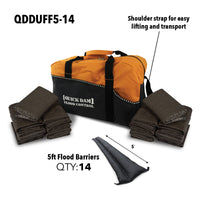 Quick Dam Flood Control duffle bag kit QDDUFF5-14 with fourteen 5ft Flood Barriers, includes durable shoulder strap for easy carrying and transport.