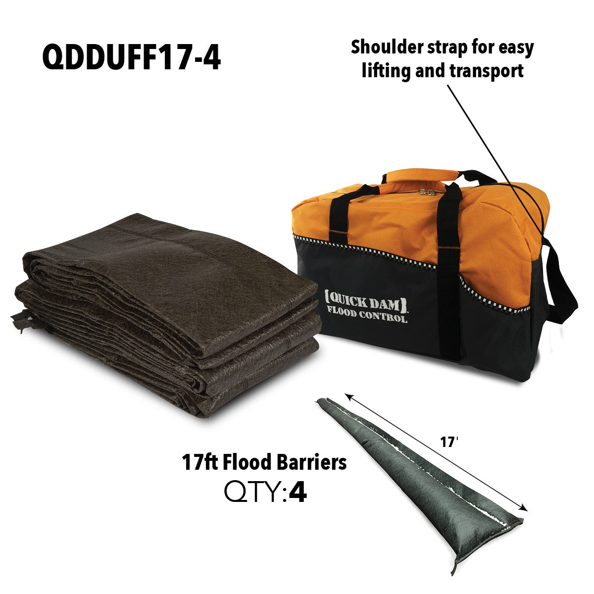 Quick Dam Flood Control duffle bag kit QDDUFF17-4 with four 17ft Flood Barriers, includes durable shoulder strap for easy lifting and transport.