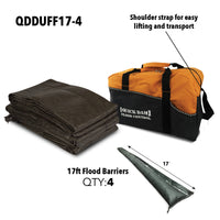 Quick Dam Flood Control duffle bag kit QDDUFF17-4 with four 17ft Flood Barriers, includes durable shoulder strap for easy lifting and transport.