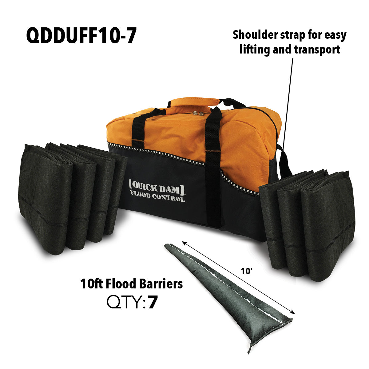 Quick Dam Flood Control duffle bag kit QDDUFF10-7 with seven 10ft Flood Barriers, featuring a durable shoulder strap for easy lifting and transport.
