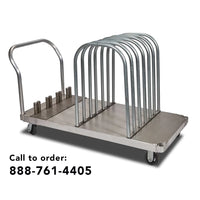 Quick Dam Flood Gate storage and transport cart with steel frame and wheels designed to hold multiple flood gates for easy mobility and deployment.