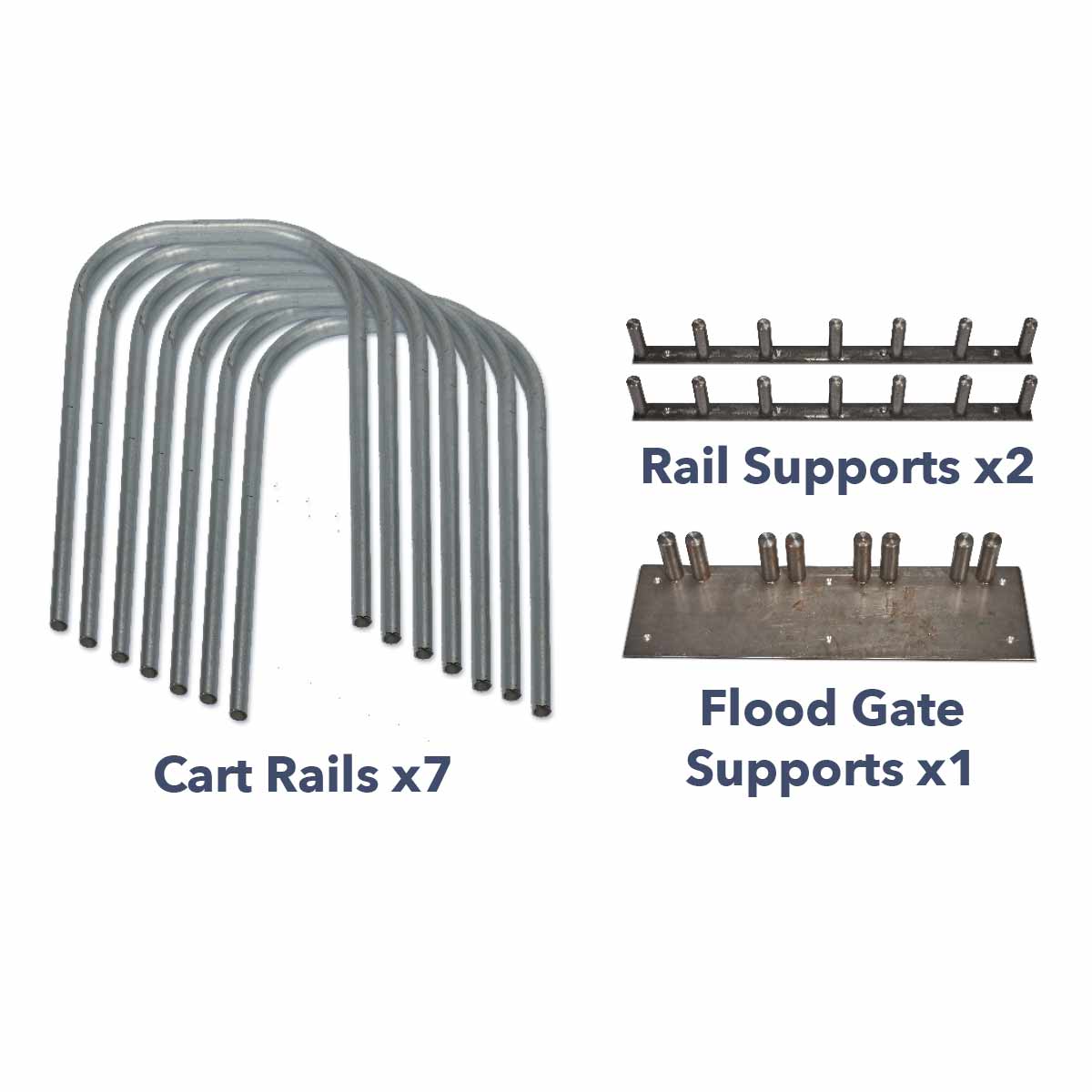 Quick Dam Flood Gate cart parts including seven steel cart rails, two rail supports, and one flood gate support base for secure storage and transport.