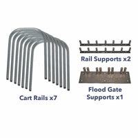 Quick Dam Flood Gate cart parts including seven steel cart rails, two rail supports, and one flood gate support base for secure storage and transport.