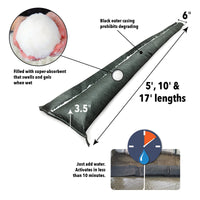 Quick Dam Flood Barrier diagram showing dimensions black outer casing absorbent polymer filling and activation in less than 10 minutes available in 5-, 10- and 17-foot lengths.