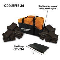 Quick Dam Flood Control duffle bag kit QDDUFFF-34 with 34 two-foot Flood Bags, includes durable orange and black duffle with shoulder strap for easy transport.