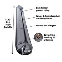 Quick Dam Water Curb with labeled features, including dual chamber to prevent rolling, 10mil polyurethane construction, reusable design, and screw-off cap for easy water fill; available in 5, 10, and 20-foot lengths.