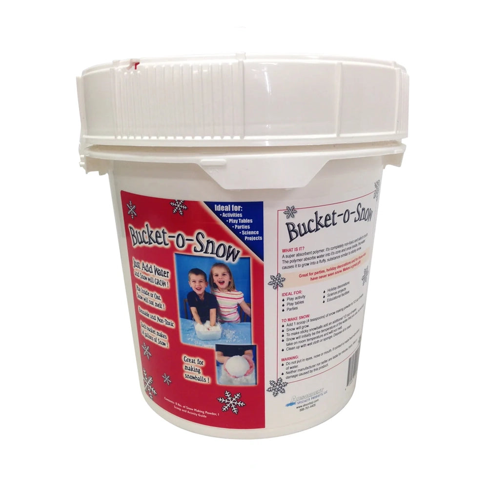 White bucket labeled 'Bucket-o-Snow' on a white background