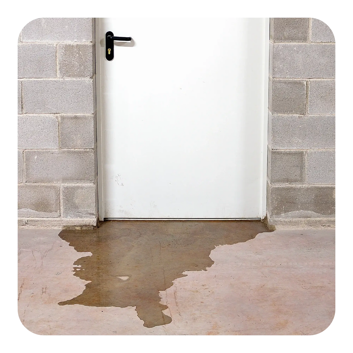 Water damage on a floor with a white door and brick walls
