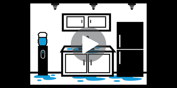 Illustration of a kitchen with a leaking sink, and appliances with a play button overlay.