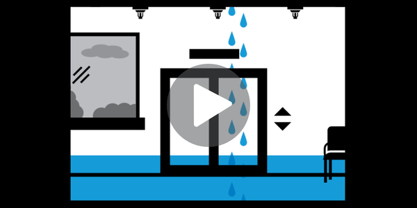 Illustration showing an elevator with floodwaters and a play button overlay