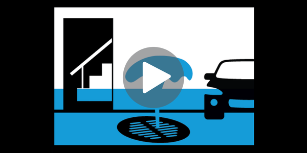 Illustration of a flooded basement garage with a play button overlay.