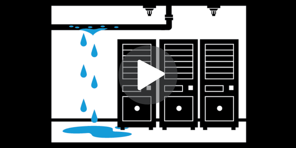 Illustration of a server room with water droplets and a play button, indicating a video.