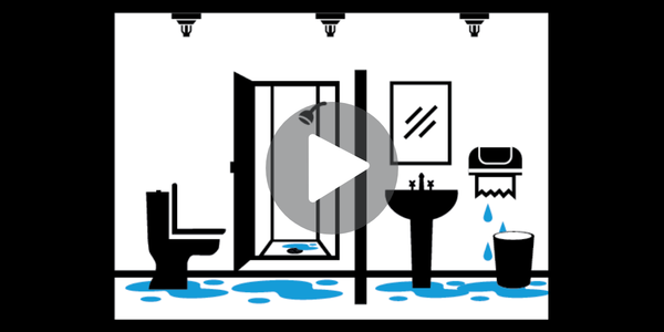 Illustration of a bathroom with a sink, toilet, and mirror, featuring a play button overlay.