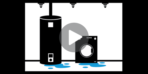 Illustration of a leaking water heater and washing machine with a play button, indicating a video or process demonstration.