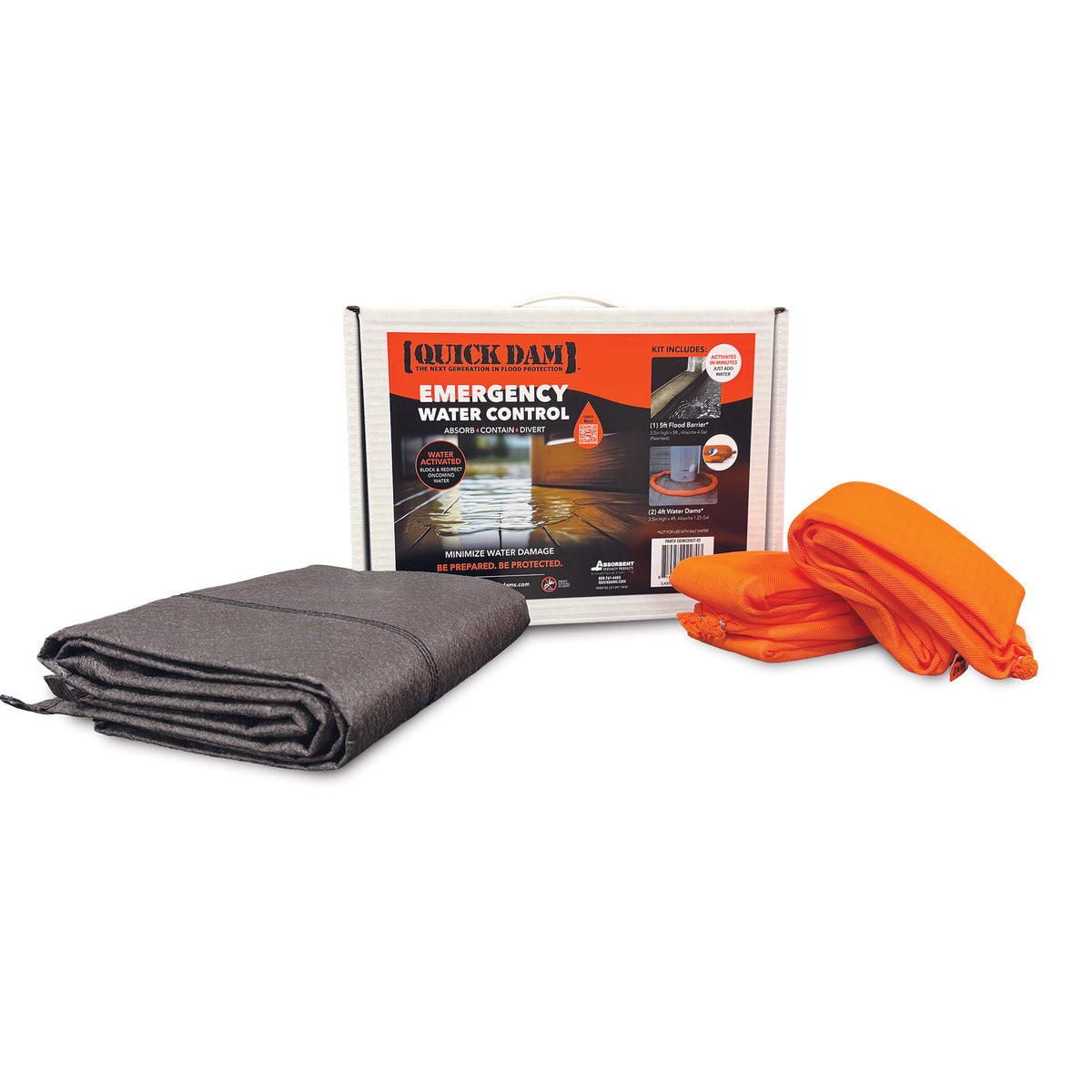 Quick Dam emergency water control kit with a folded 5ft flood barrier, two folded orange 4ft water dams, and the product packaging box on a white background.