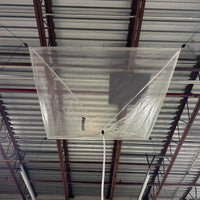 Ceiling with a large clear leak diverter with 'Quick Dam' branding.