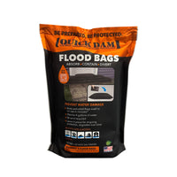 Quick Dam Flood Bags retail packaging showing sandless flood control solution made in USA.