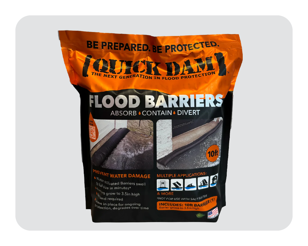 Quick Dam flood barriers packaging on a white background