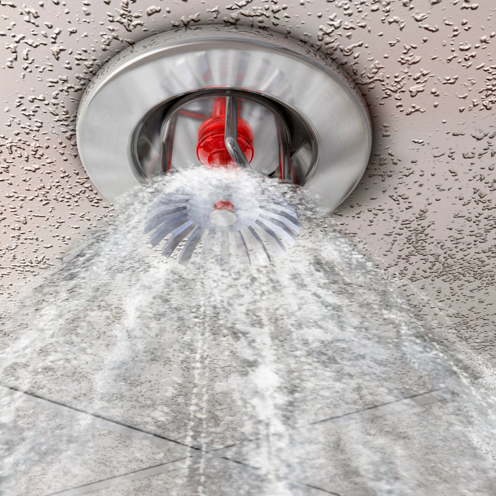 Fire sprinkler head releasing water on a textured ceiling