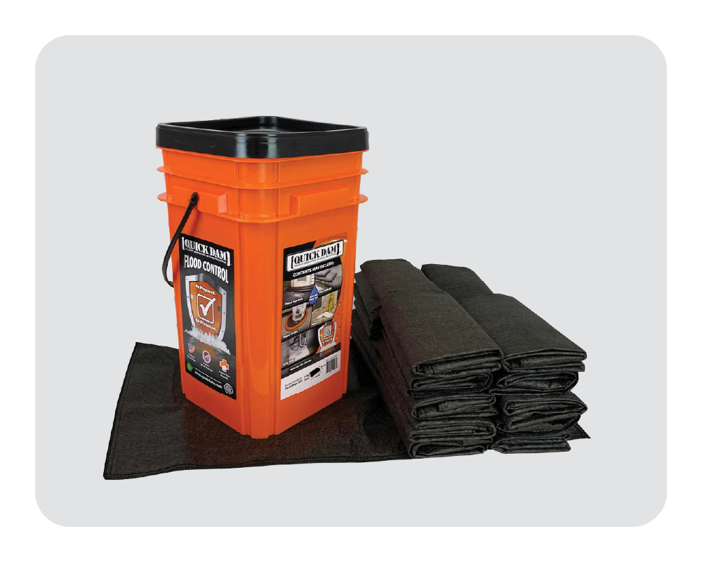 Orange bucket with folded flood bags